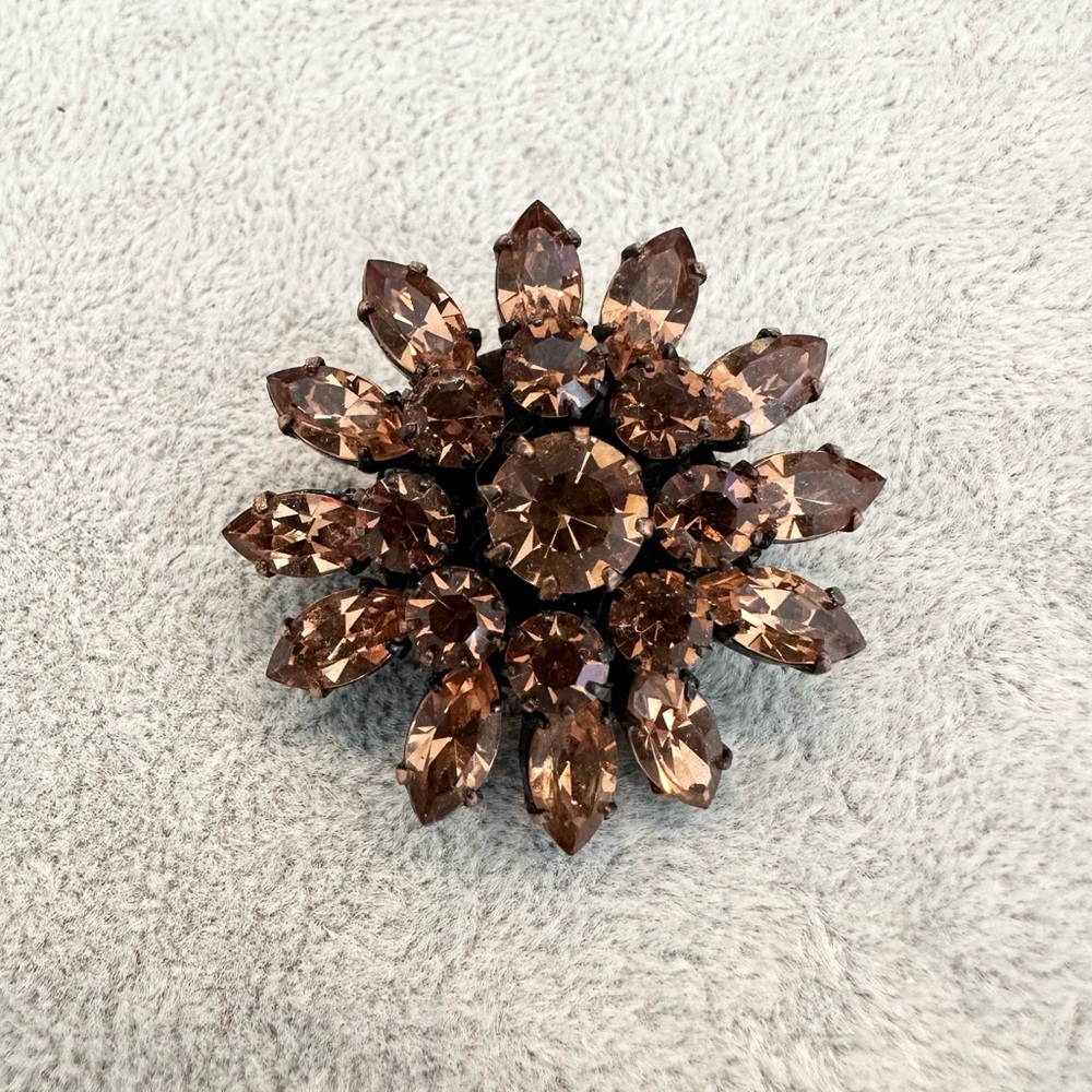 Vintage 1970's Weiss Brown Copper Flower Rhinestone Pin Brooch
